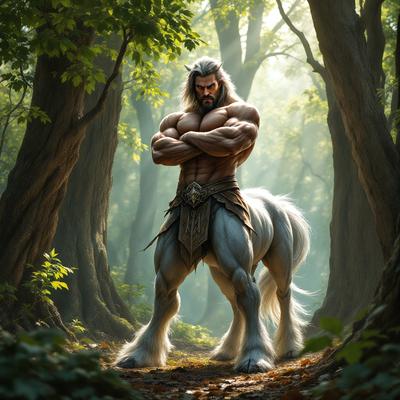 Primary subject: A man with a beard and a muscular physique, dressed in a leather outfit, standing in a forest.

Setting/background: The man is standing in a forest, surrounded by trees and foliage.

Visual style: The image is a digital art illustration.

Colors and mood: The image has a dark and moody atmosphere, with the man's outfit and the forest setting contributing to the overall ambiance.
